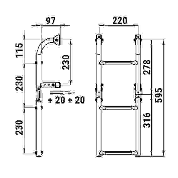 Трап складной с вертикальным креплением, 3 ступени (220 мм.), 040171BT